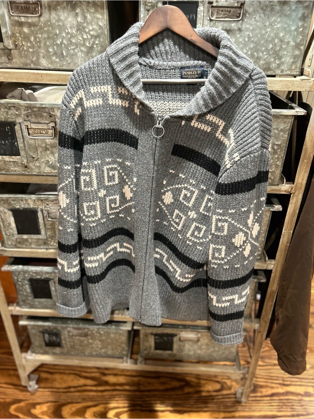 Pendleton Gray, Black & Cream Zip-Up Shawl Collar Sweater